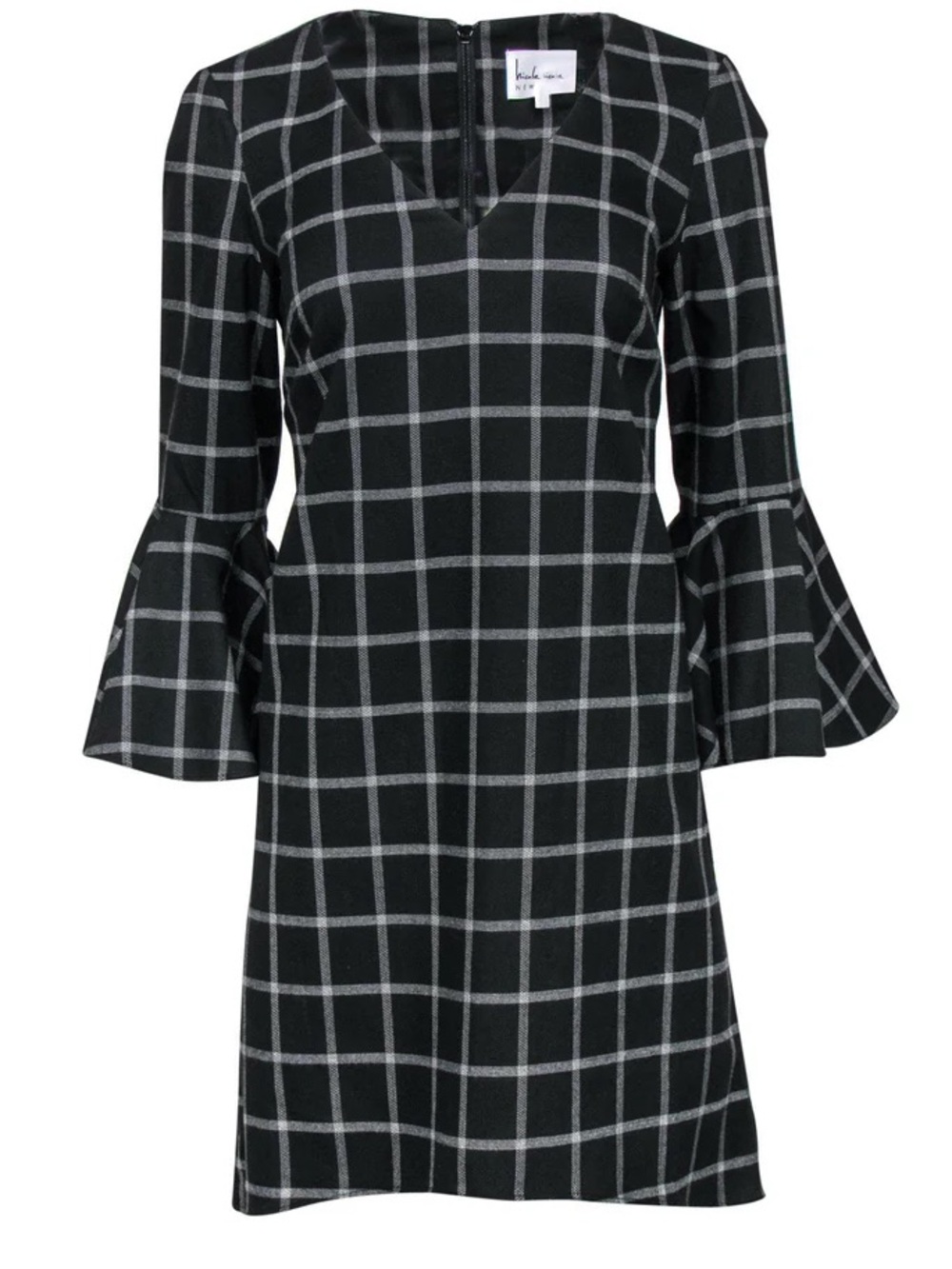 Nicole by Nicole Miller Black & Gray Windowpane Bell-Sleeve Dress